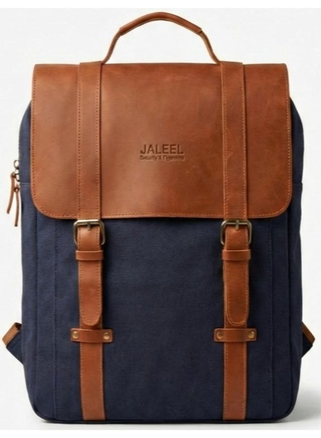 چليل شنطة ظهر للاب توب من ريجنت سيتي مصنوعة من قماش اسود وجلد بقر طبيعي 100% للعمل والجامعة، شنطة ظهر للاعمال مع حافظة لابتوب مبطنة ومنظم - جليل - Image 1